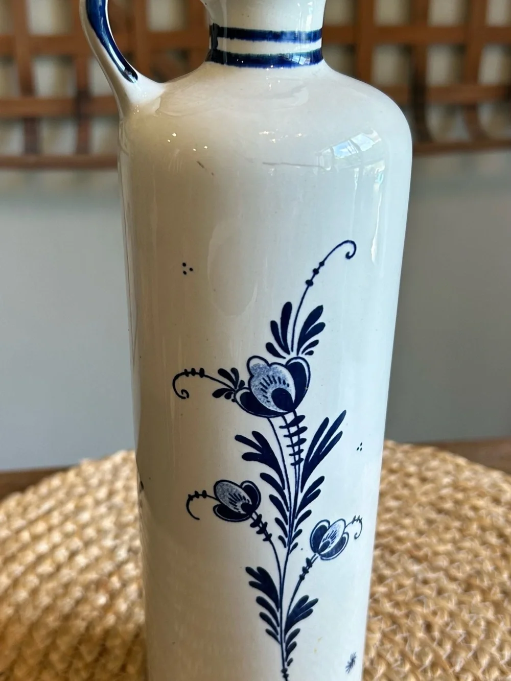 Vintage Blue & White Delft Decanter Wine Bottle with Cork Windmill Motif